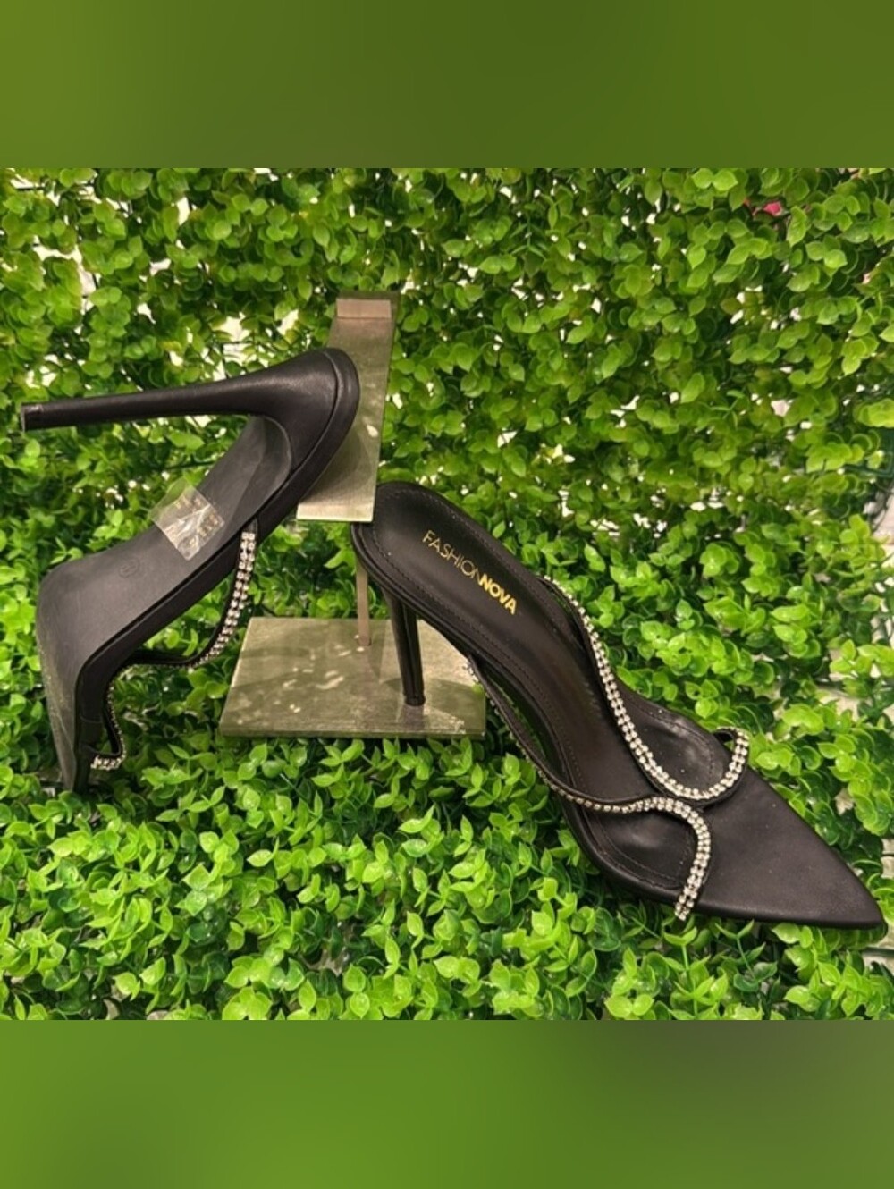 Fashion Nova Black Rhinestone-Trim Heeled Sandals RUNS SMALL